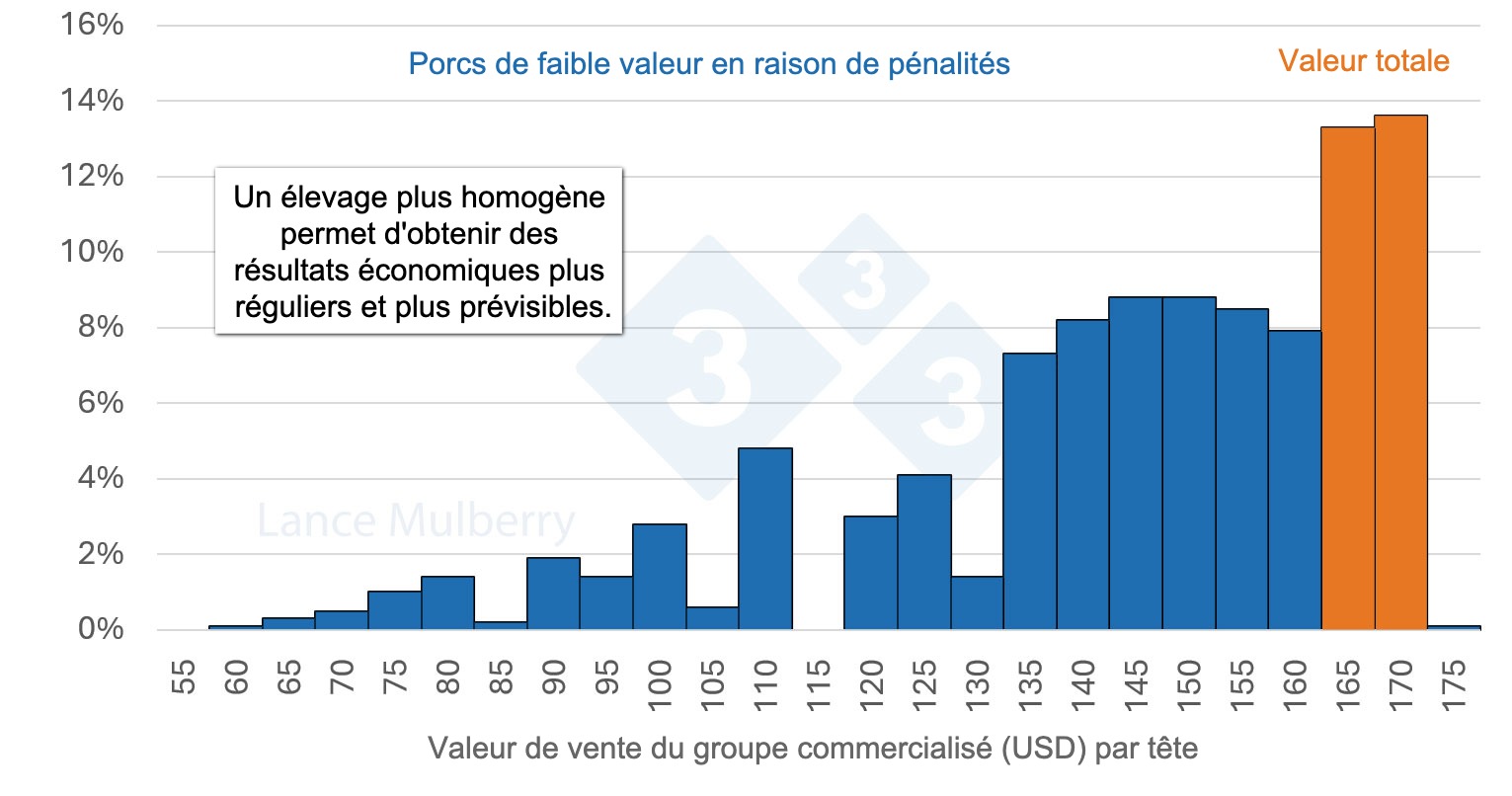 <p>Figure 4 : Réduire le nombre de porcs à croissance lente permet non seulement de limiter les pénalités éventuelles, mais aussi de réduire les coûts liés à l'occupation moindre des places dans les cases et au nombre d'heures de main-d'œuvre par porc, tout en optimisant l'indice de conversion.</p>